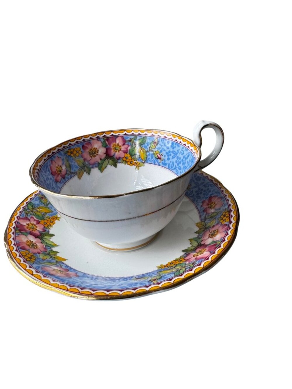 Aynsley Bone China Wild Roses Teacup & Saucer Set Blue Pink Gold England Vintage